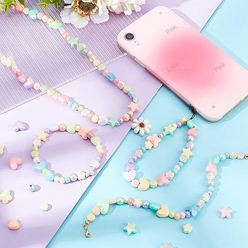 Miniatura 5 de AHANDMAKER 220 cuentas de plástico pastel, cuentas acrílicas de gelatina de imitación, cuentas acrílicas redondas de corazón de estrella, cuentas de