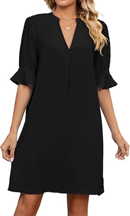 Kervaky Womens Dress 2024 Fashionable Summer Solid Color V-Neck Loose Pleated Five Quarter Sleeve Dress