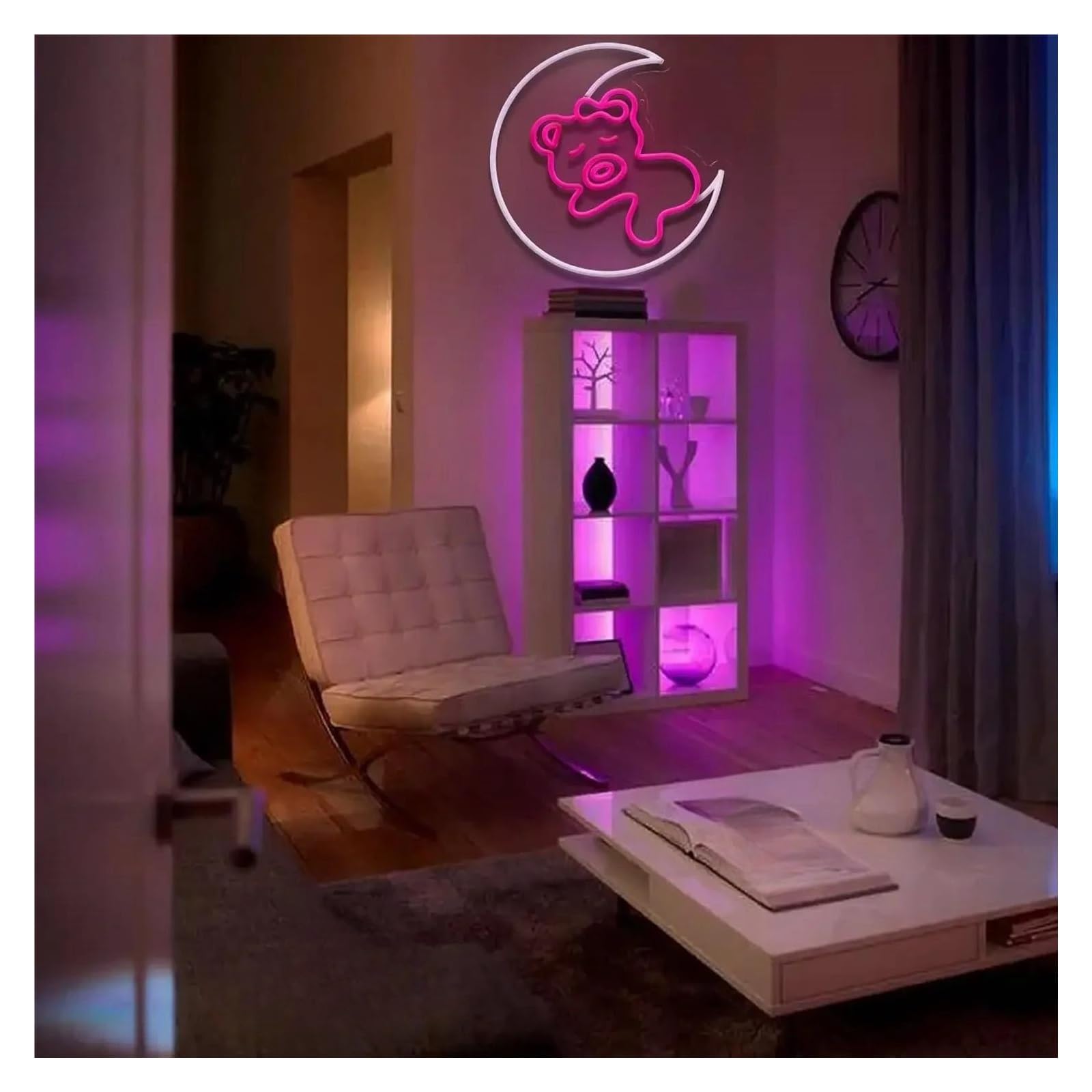 Luz de Diseño de Digital Letrero De Neón Con Oso Iluminado En La Luna Para Dormitorio, Cueva De Hombre, Bar, Fiesta, Decoración De Pared 32,5CmX32,5Cm
