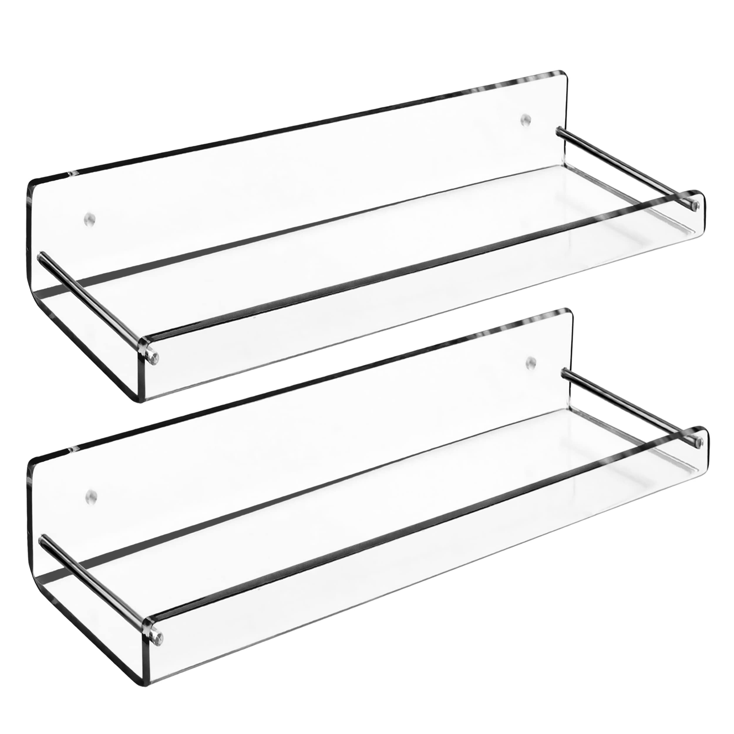AMT 2 Pack Acrylic Floating Shelves, 15" L x 4" W, Clear Bathroom Wall, Bookshelves, Invisible Display for Office, Bedroom, Small Gap Allows Water to