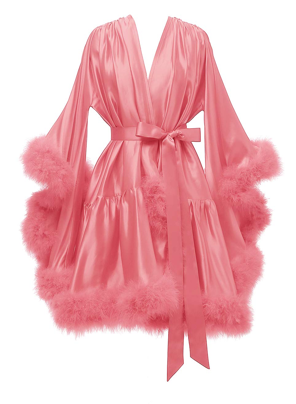 YexinbridalFeather Fur Robe Silk Satin Bridal Dressing Gown Sexy Illusion Lingerie Nightgown Bathrobe Sleepwear