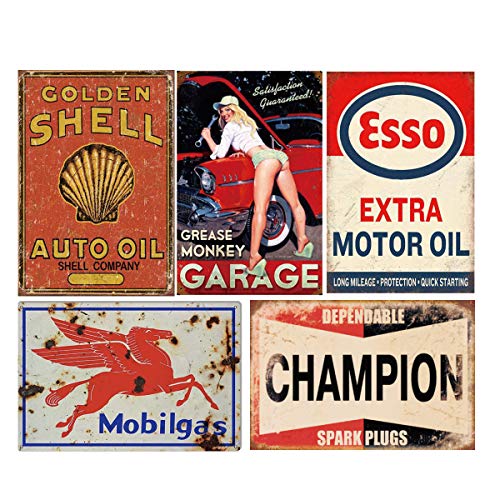 Tin Signs 5 Pieces Reproduction Vintage, Gas Oil Metal Signs,