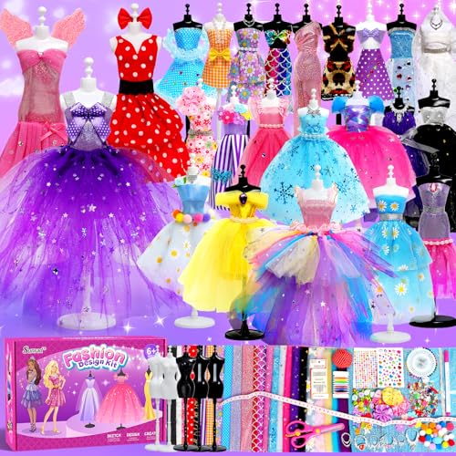 Sunrad 1000+ Pcs Fashion Designer Kit for Girls with 5 Mannequins DIY Arts & Crafts Kit Learning Toys Sewing Kit for Kids Learning Toys Sewing Kit for Teen Girls Birthday Gift Age 6 7 8 9 10 11 12+