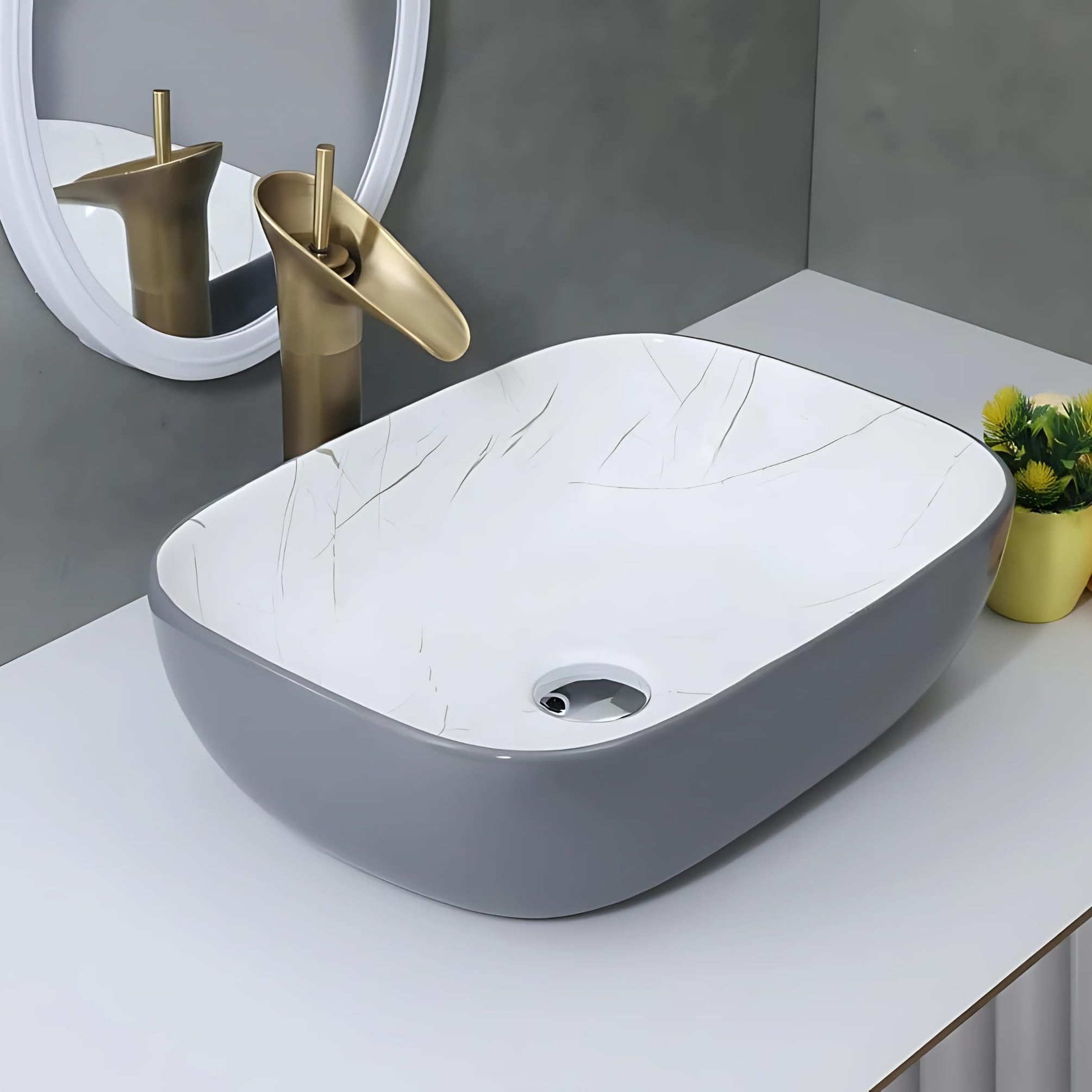 SEA SHORE Modern Designer Ceramic Wash Basin – Countertop Table Top Sink with Slim Rim for Bathroom/Living Room (18 x 13 x 5.5 Inch, Grey & White)