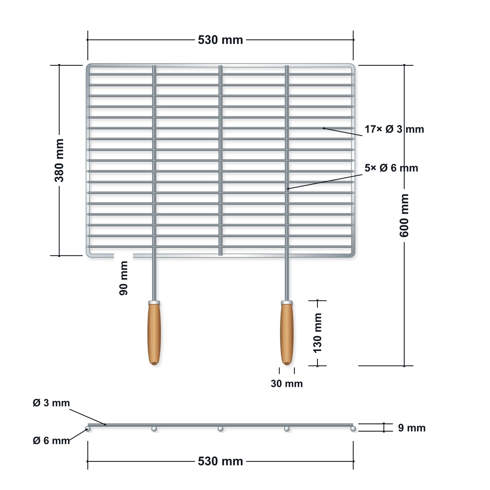 Grille barbecue inox 53 × 38 cm avec poignées