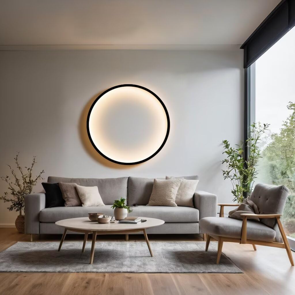 DESHOME Kreis Wandleuchte 100cm Schwarz Rund Wandlampe 3 Lichtfarben+10 Helligkeiten Innen LED Indirekte Beleuchtung Minimalistische Ring Lampe Wand mit USB-Betrieb, für Wohnzimmer-Sofa Büro Geschäft