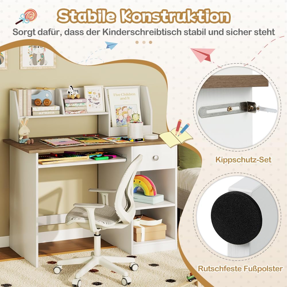 COSTWAY Kinderschreibtisch aus Holz, Kinder Schreibtisch mit Schublade, Tastaturablage & Bücherregal, Schülerschreibtisch für Kinder ab 3 Jahren, 90 x 45 x 90 cm (Natur)