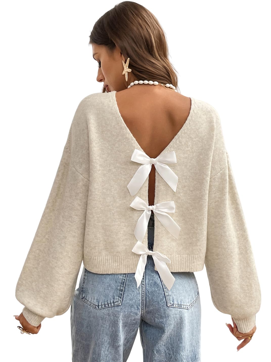 GORGLITTER Womens Bow Fall Sweater 2025 Long Sleeve Crewneck Lightweight Kint Open Back Trendy Pullover Top