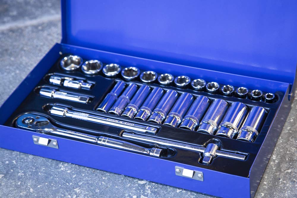 Bluespot 28-Piece 3/8" Drive Metric Socket Set - Includes Shallow & Deep Sockets (8-24mm), Ratchet, Extensions, Metal Case