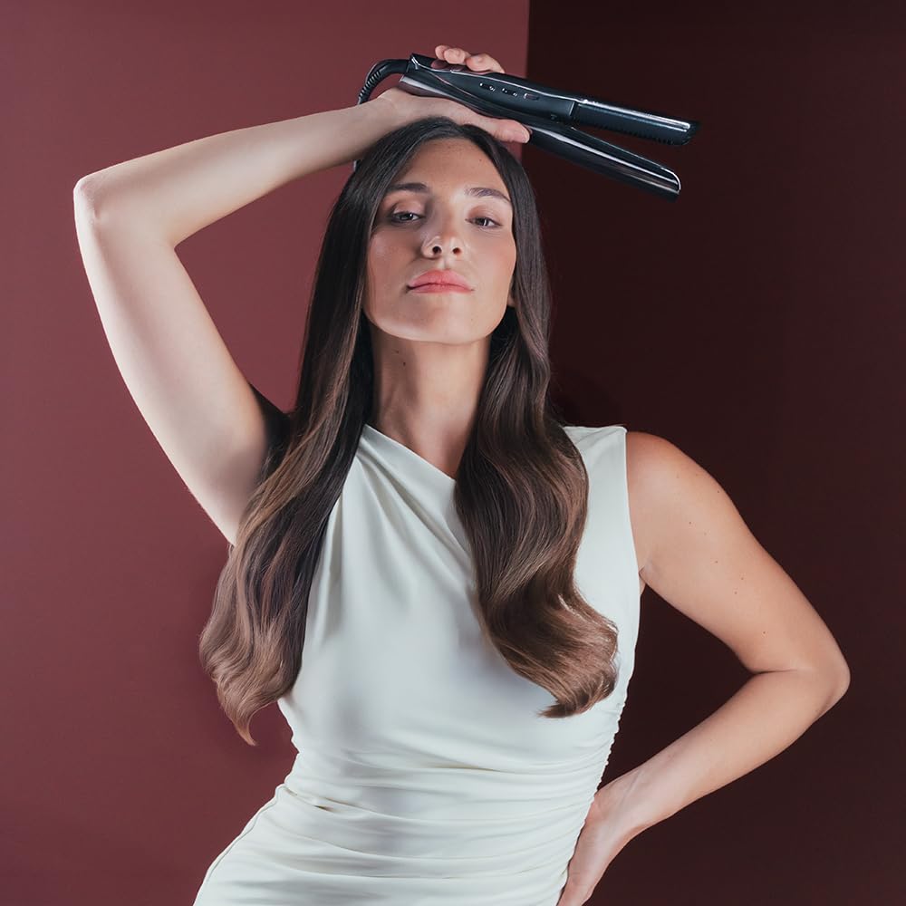 Cecotec Plancha de Pelo con Cable, Tecnología de Vapor e Infrarrojos Lisse iSteamy. 48W, Revestimiento de Cerámica y Queratina, Temperatura Regulable, Incluye Bolsa Térmica y Estuche de Cuero