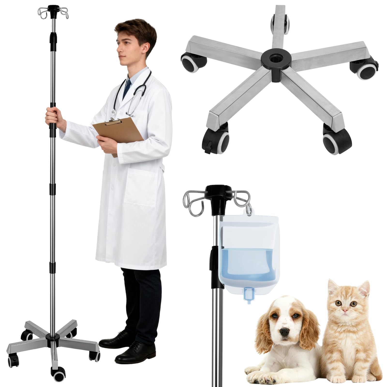 Faltbarer Infusionsständer mit Rollen - Tragbarer IV-Ständer mit 4 Haken, Verstellbare Höhe 109-211 cm, Edelstahl Tropfständer für Krankenhaus, Klinik, Zuhause