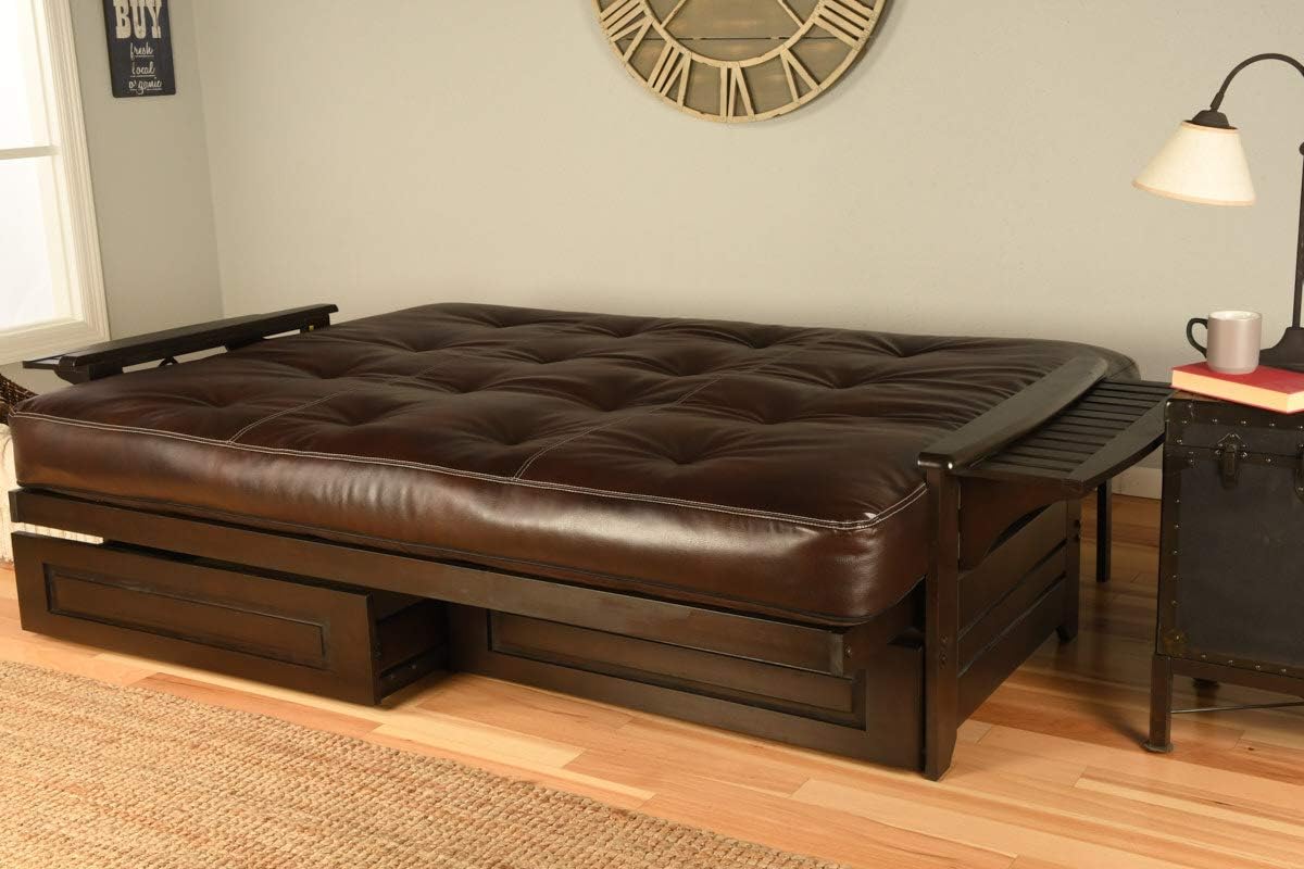 Wood Futon Espresso Frame, Arm Trays Includes 7 Inch Mattress Bonded Leather Sofa Sleeper Bed Choice to add Drawers (Queen Size Frame, Mattress w/Drawers Set)