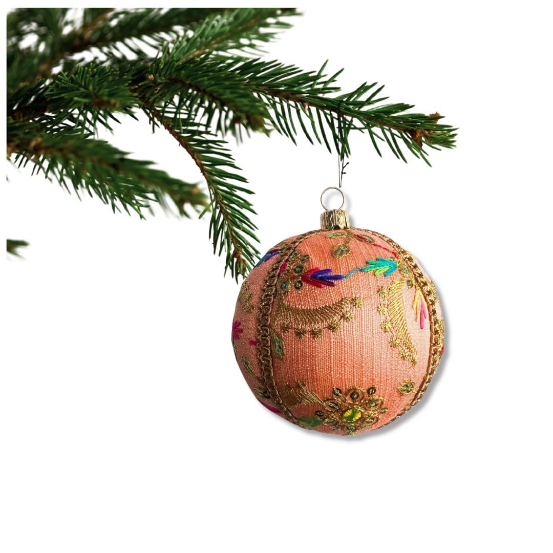 Marisha Mistry Peach With Gold Thread & Sequin Aasha Bauble – Coral Peach With Multicolour Embroidery & Gold Detailing | 8 Cm | Luxury Handmade Fabric Ornament | Sustainable Year-Round Décor | Uk Artisan Made