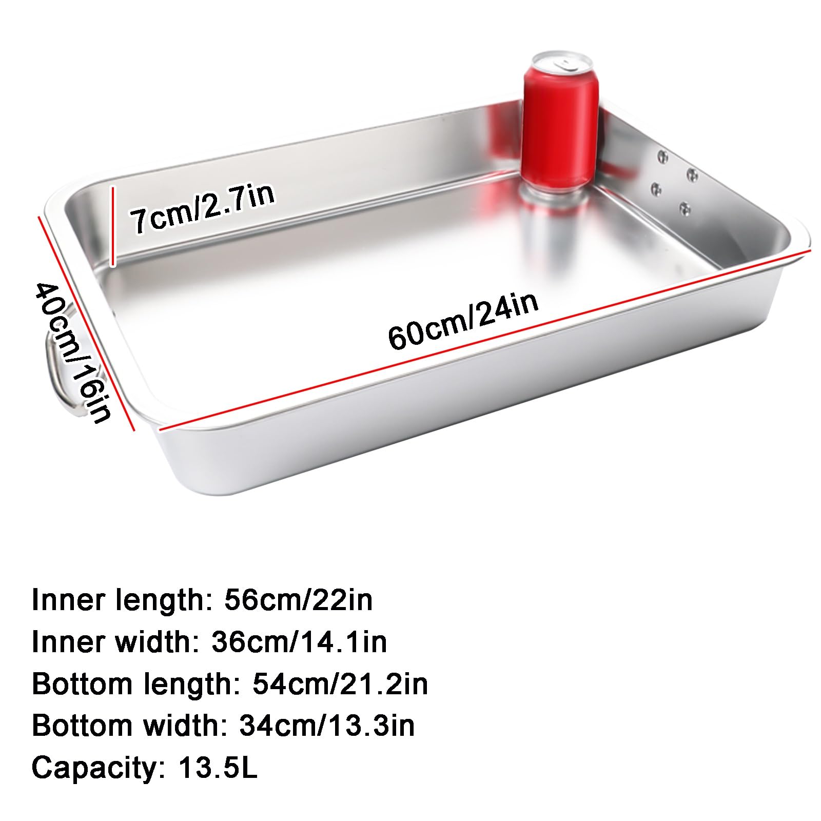 Bandeja de acero inoxidable para hornear y asar con asas, bandeja rectangular profunda para alimentos, 60 x 40 x 7 cm, bandeja de metal para servir mesa de vapor de hotel