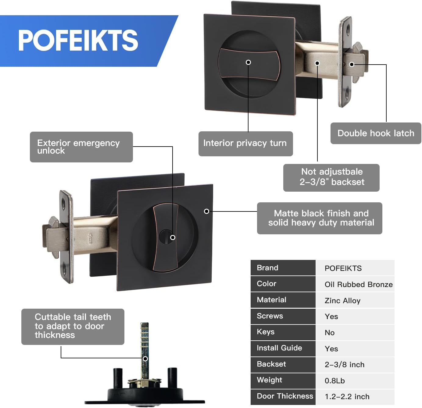 Oil Rubbed Bronze Pocket Door Hardware with Privacy Lock & Latch - Contemporary Style for Square Pocket Doors(1 Pack)