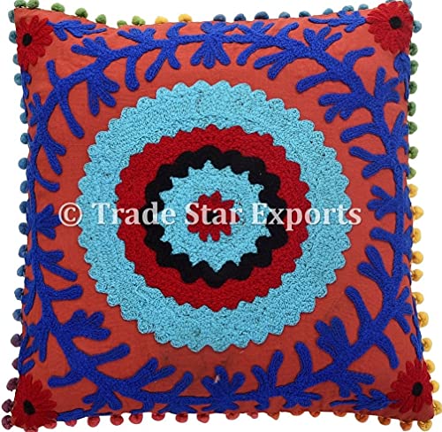 Trade Star Exports 20 Pcs Indian Suzani Cushion, Bohemian Pillow Cases, 16X16 Throw Pillows, Pom Pom Cushion Cover, Decorative Embroidered Pillow Shams (20) #TOP5