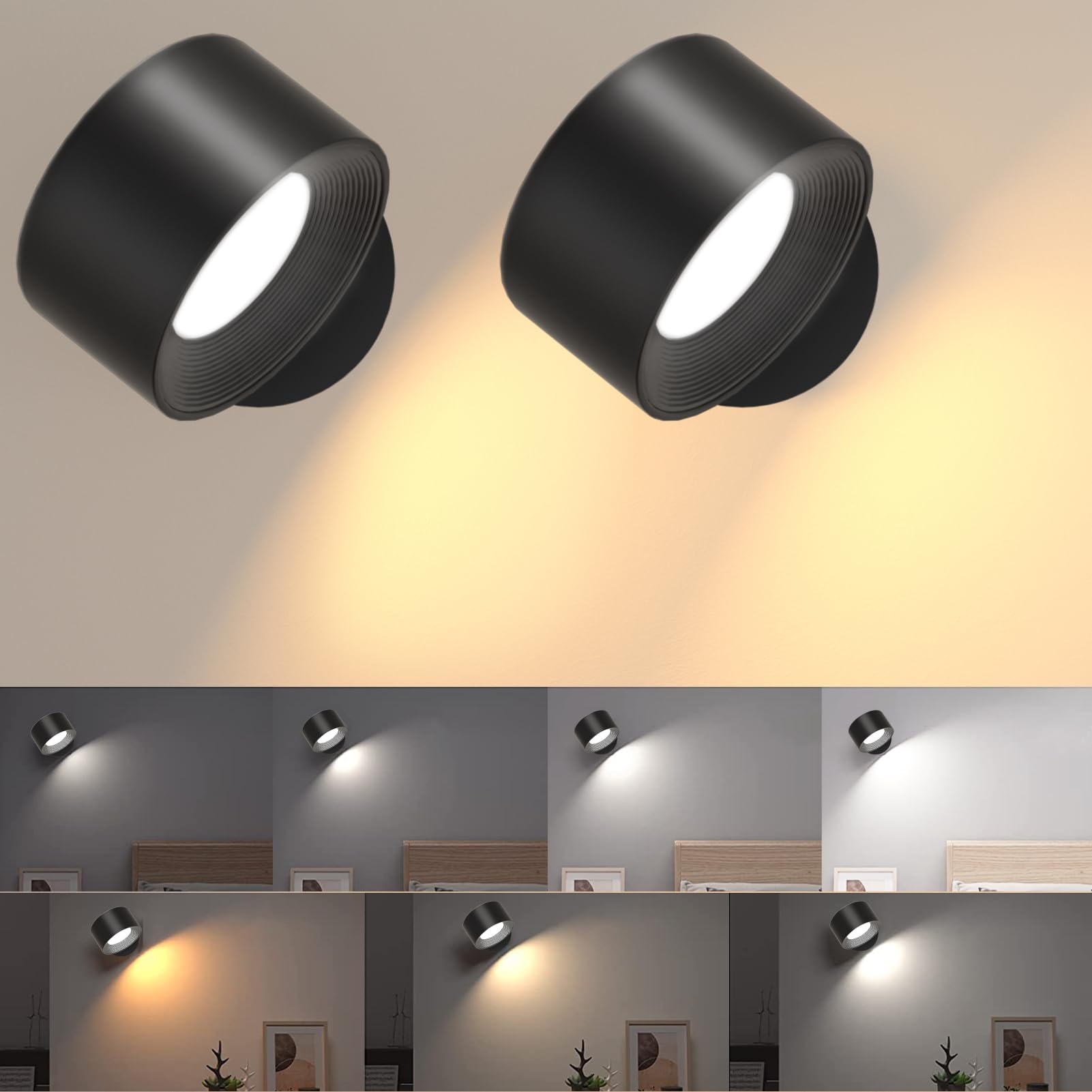 led wandleuchte innen 2 Stück,wandlampe Wandlichter ohne stromanschluss ,4 Helligkeitsstufen 3 Farbmodi Nachttischlampe akku , 360° Drehbare Touch Control Leuchten Für Kinder Wohnzimmer Schlafzimmer