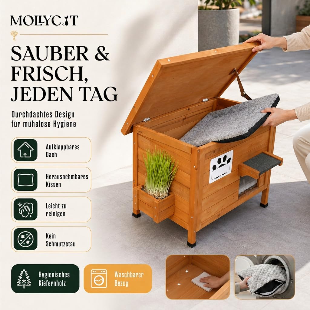 Katzenhaus Outdoor Wetterfeste aus Holz für draußen mit Namensschild, Pflanzkasten, selbstheizendem Kissen & Katzenminze-Spielzeug – Winterfest Katzenhütte für Garten, Terrasse oder Balkon