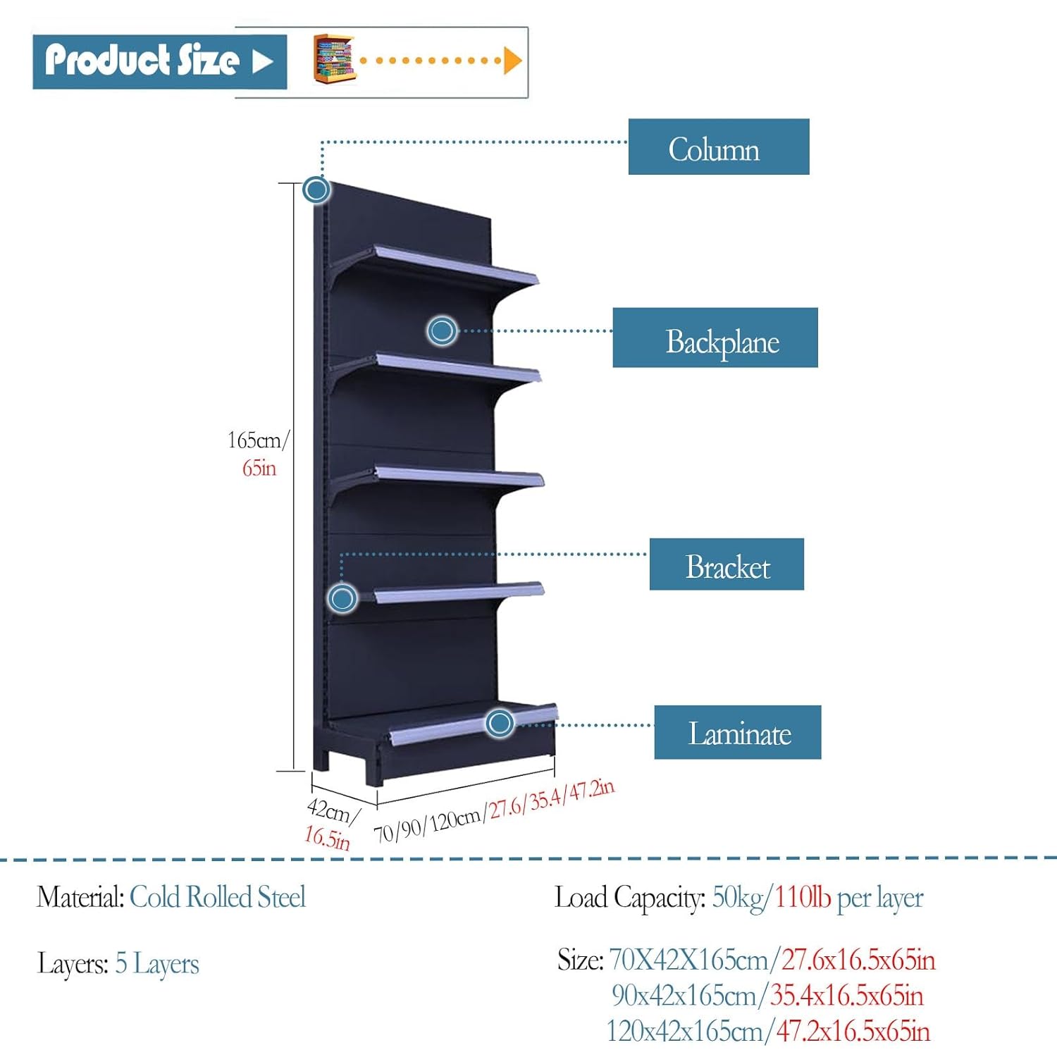 Large Supermarket Snack Display Shelf, Heavy Duty Chips Drinks Retail Storage Stand for Convenience Stores Department Stores, Market Shelving Unit Rack(120x42x165cm(47.2x16.5x65in))