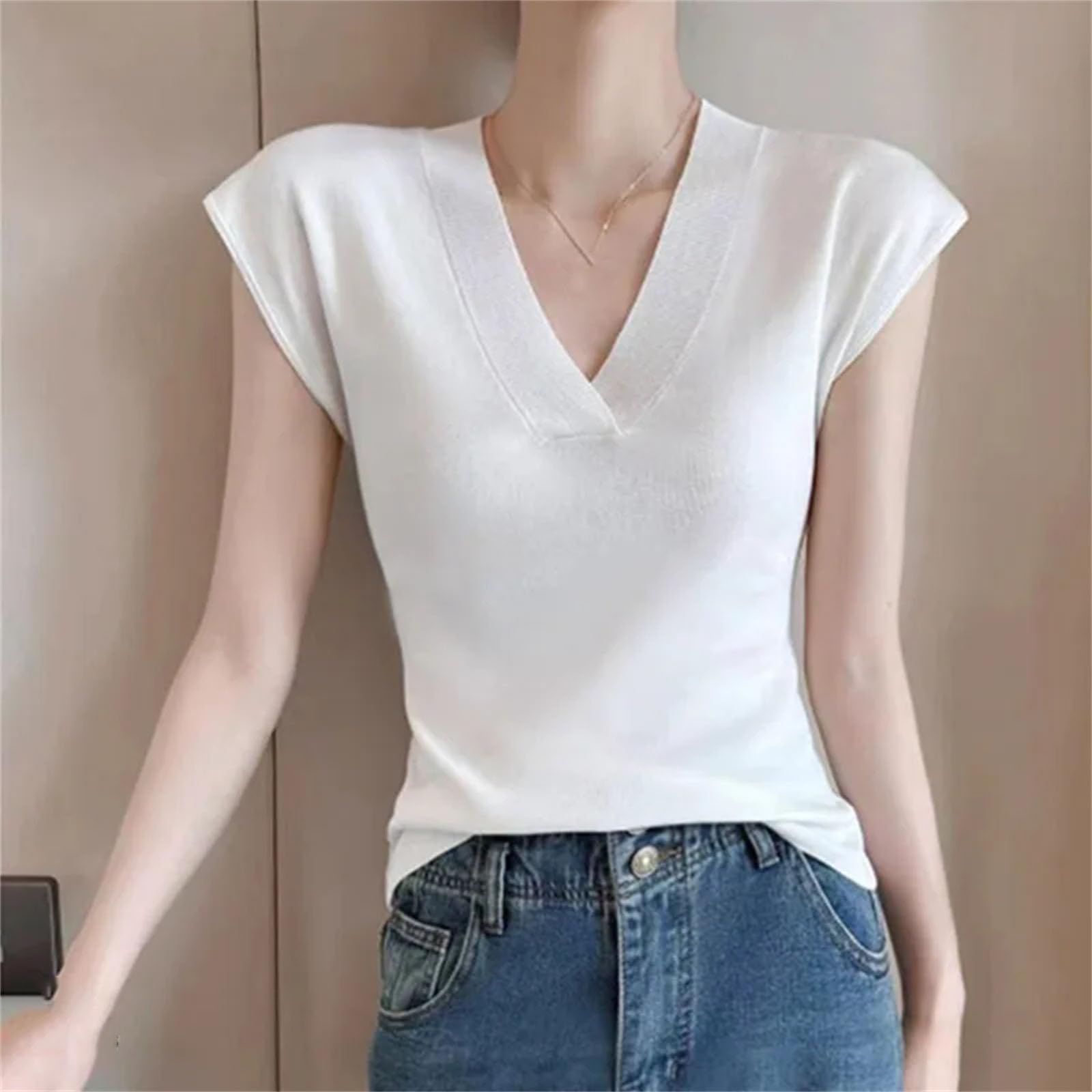 Top da donna con scollo a V, tinta unita, sottile, senza maniche, morbido, elastico, da ufficio