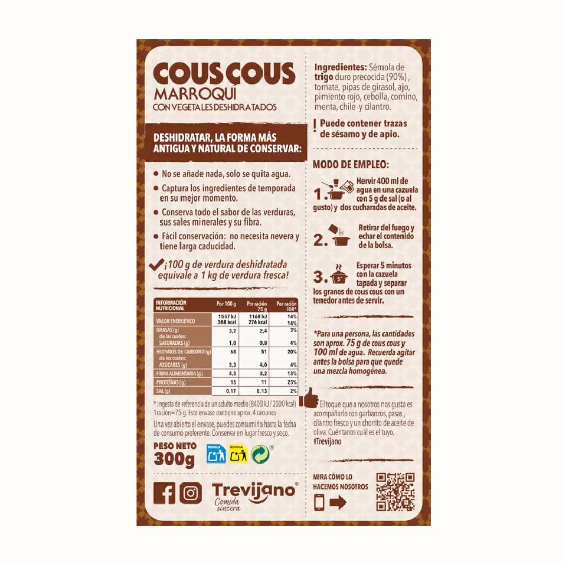 Cous Cous Trevijano - Pack de 7 Bolsas (300 g cada una) - Vegano - No Requiere Refrigeración - Larga Vida Útil - Listo en 5 minutos