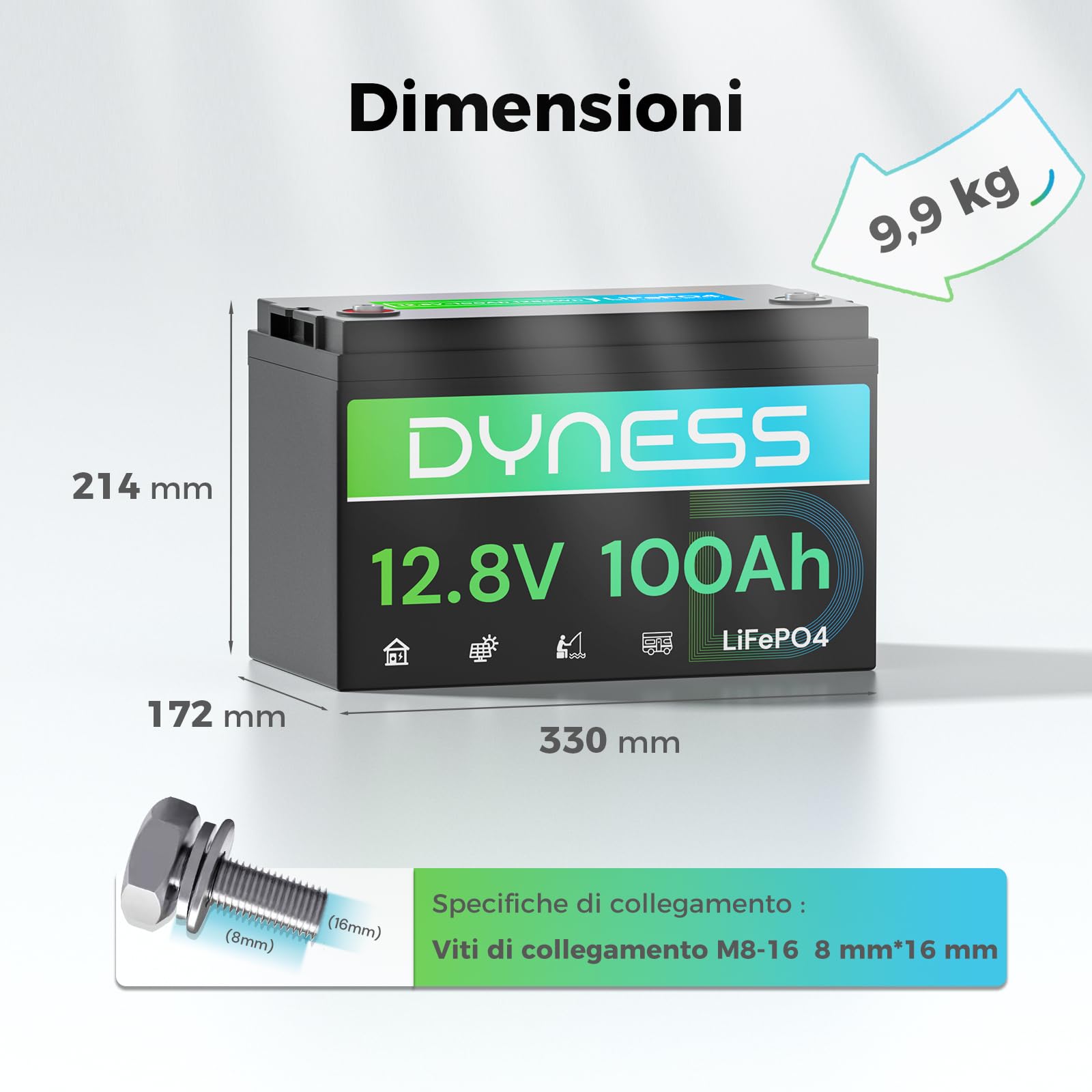 Dyness LiFePO4 Batteria al Litio 12V 100Ah a Ciclo profondo con 100A BMS, Per Campeggio, Barche, Accumulo Solare Domestico, Off-grid