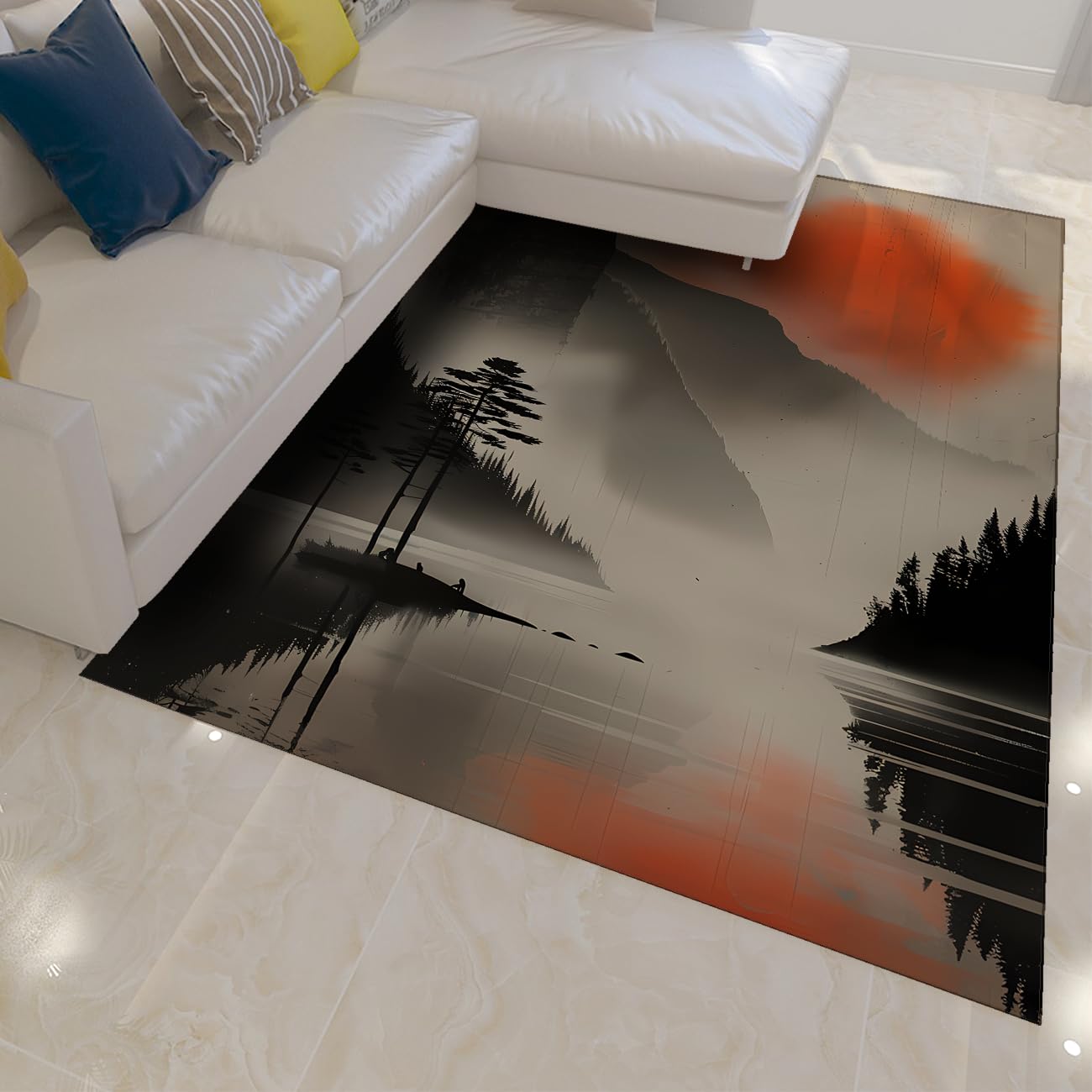150 x 240 cm Minimalistyczny Dywan Jezioro Górskie Słońce Pomarańczowe