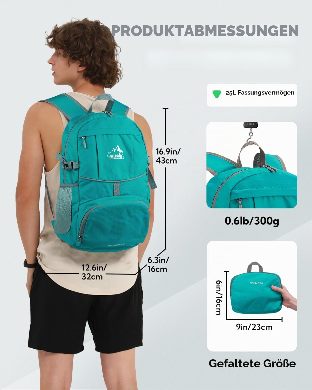 WATERFLY Faltbarer Rucksack Ultraleicht Wanderrucksack: 25L Leichter Tagesrucksack Sportlich Packable Backpack für Herren Damen Wandern Outdoor Trekking Hiking