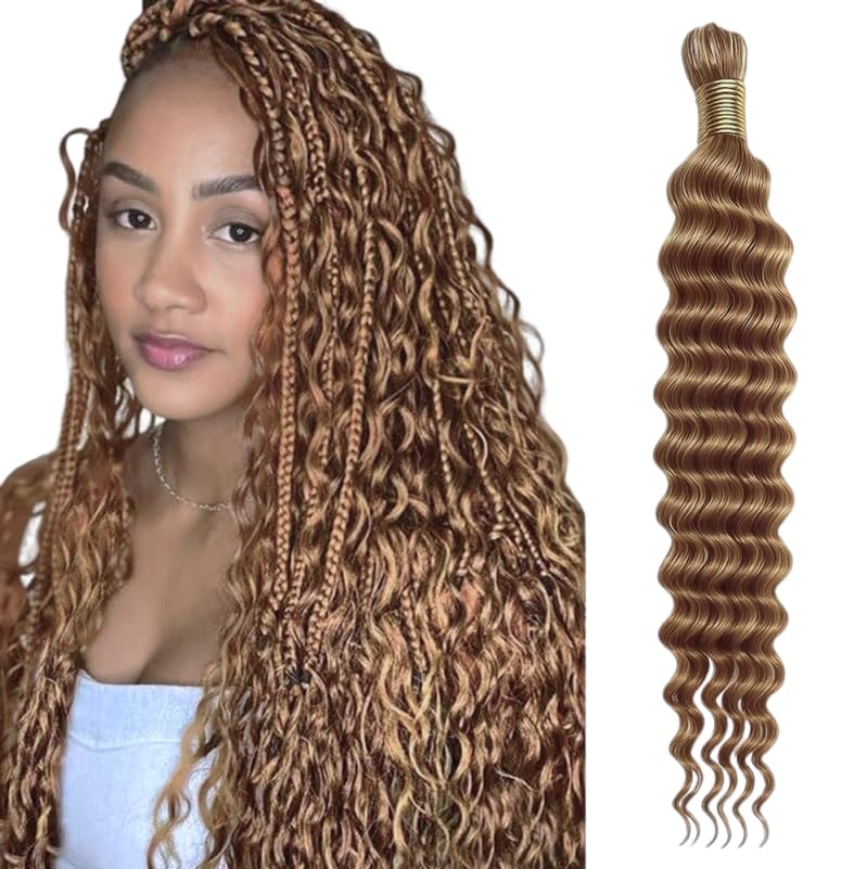 Human Braiding Hair for Boho Braids Hair 50g/1 Bundle Deep Wave Bulk for Braiding No Weft 100% Unprocessed Brazilian Virgin Human Hair Extensions Bohemian Knotless Braids #27 Color (20 inch/50g)