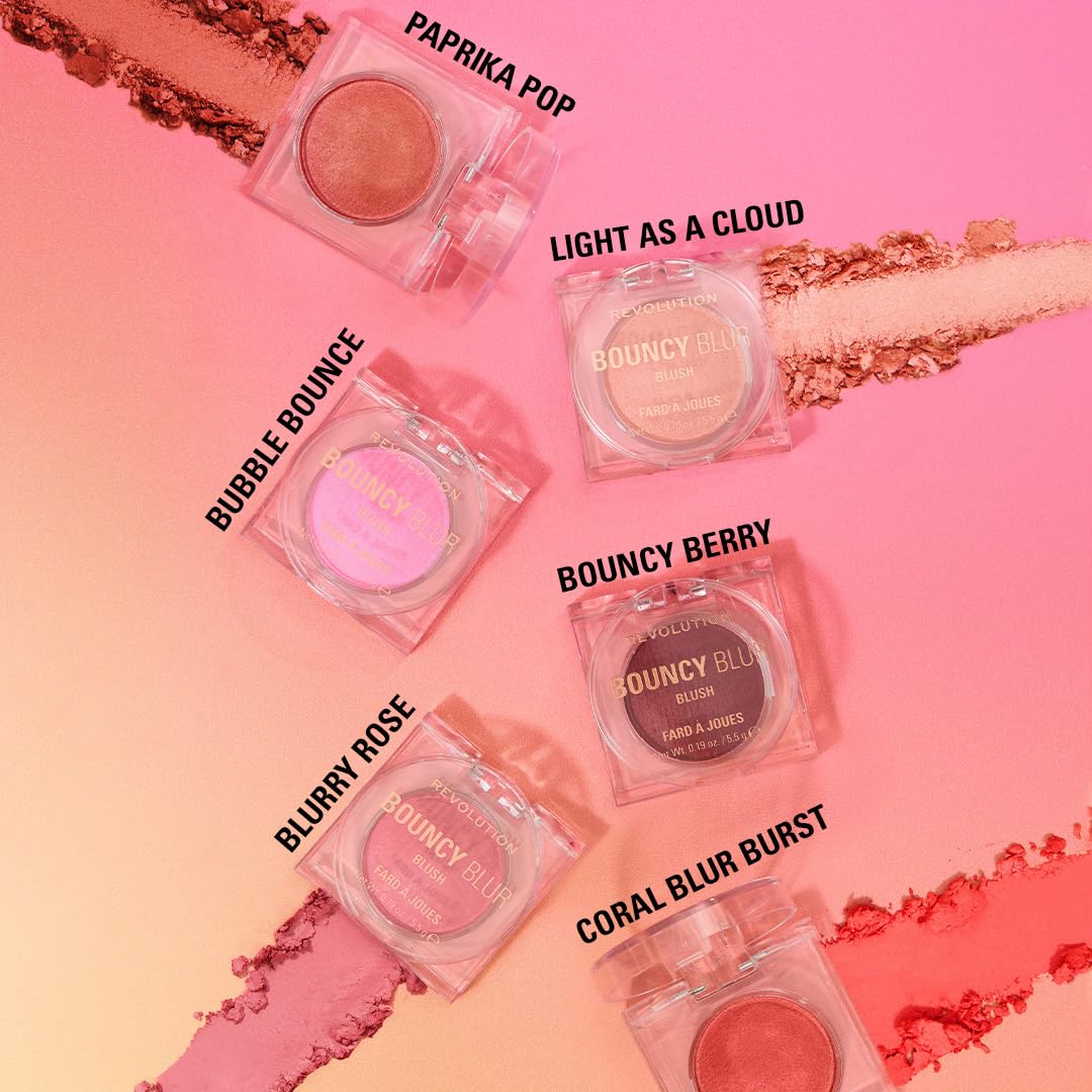 Revolution Bouncy Blur Blur Blush - makijaż na policzki i usta, budująca formuła z efektem Soft Focus, Bouncy Berry, wegańska i nietestowana na zwierzętach | Puder do makijażu różu na policzki, formuła do budowania, wegański i wolny od okrucieństwa, 5,39