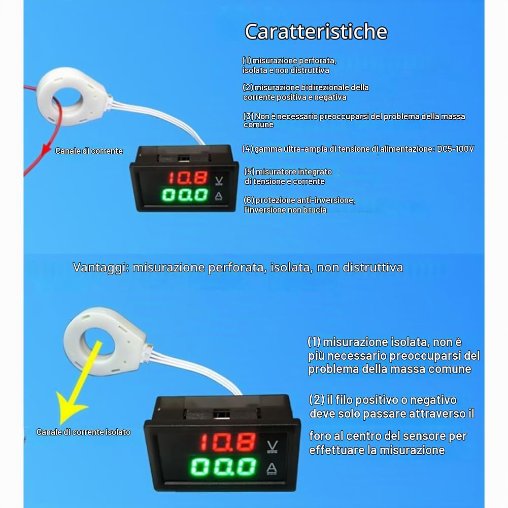 Hall Amperometro Voltmetro DC 0-300V 100A Batteria Monitor LED Digital Corrente Tensione Meter 12V 24V 36V 48V 60V Auto Riutilizzabile