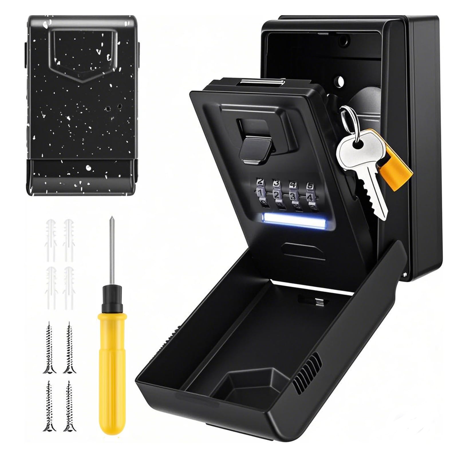 PAIRIER Key Safe Wall Mounted with Light Up Dial, Key Lock Box Outdoor 4 Digit Combination