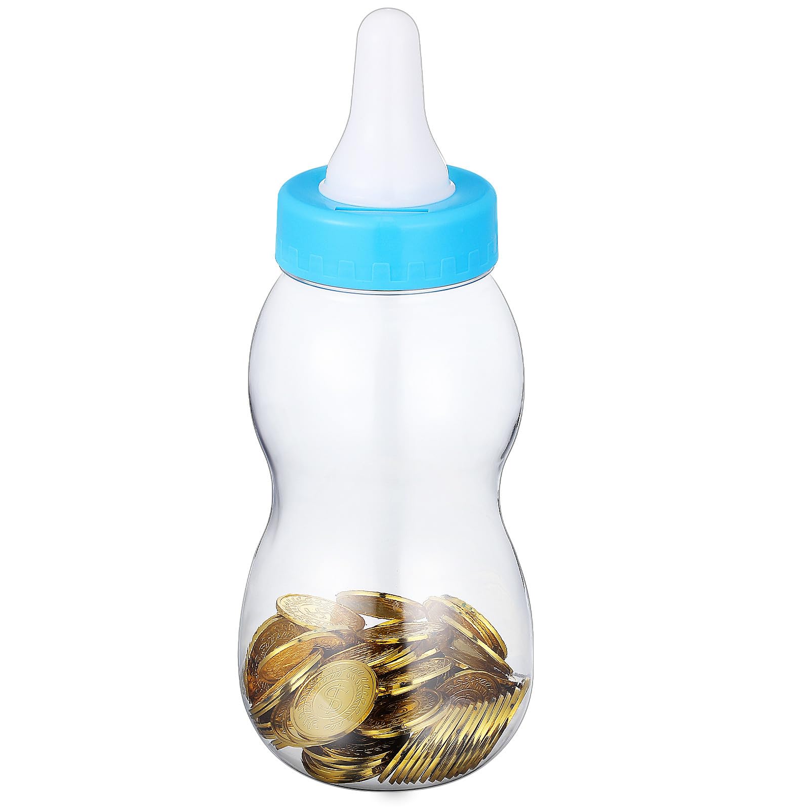 Housoutil 11 Inch Baby Bottle Piggy Bank, Clear Large Plastic Baby Bottle Bank, Cute Transparent Coin Savings Box, Birthday Party Candy Jar Container for Boys Girls (blue)