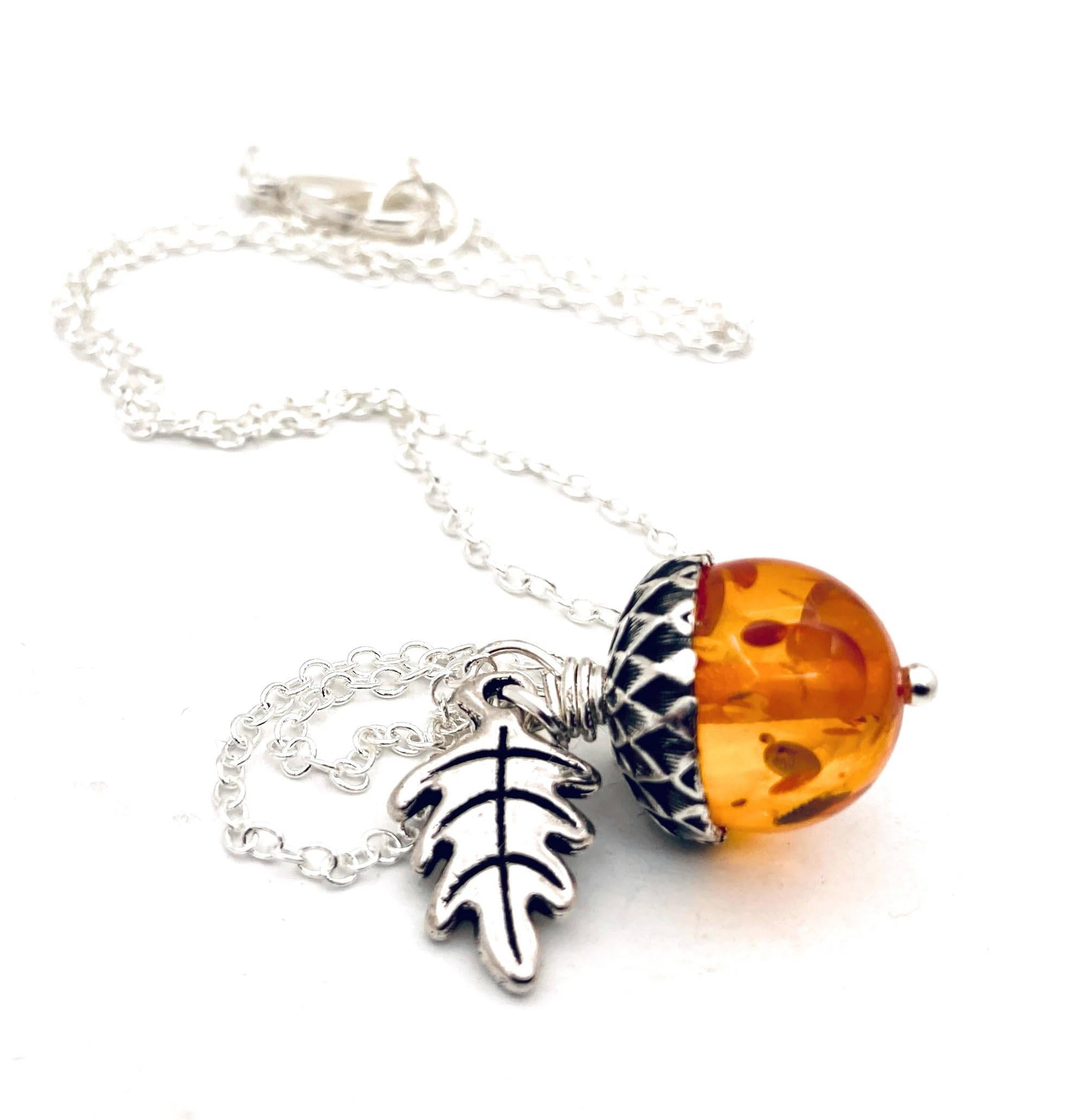 Orange and Silver Acorn Necklace - Fall Orange Acorn Pendant- Cute Nature Charm Necklace