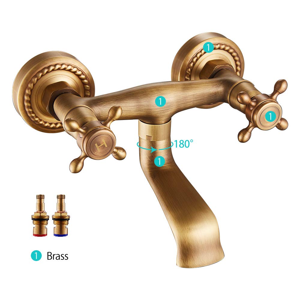 Rubinetto Bronzo a Muro Anticato Vintage Rotazione 180 ° Rubinetto per Cucina a Parete con Doppio Manopole in Ceramica Miscelatore