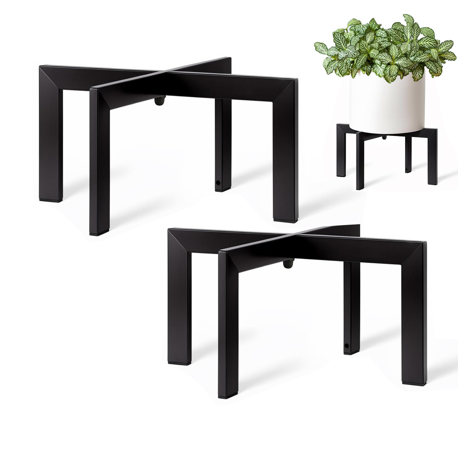 MUAEEOK Plant Stand Indoor Outdoor, Metal Mid-Century Pot Stand, Modern Plant Holder Rattan Flower Plant Stool, Low Short Plant Stands for Indoor Fit 5-12 Inch Pot (Black,2 Pack)