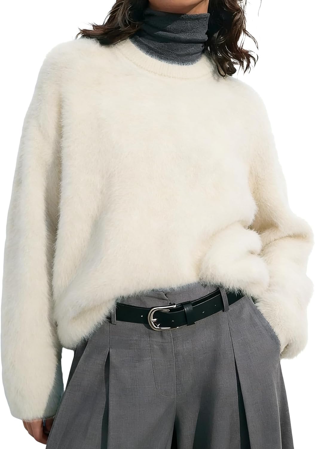 Wyeysyt Womens Fuzzy Sweaters Crewneck Fur Sweater Long Sleeve Furry Sweaters 2026 Knit Sweater Jumper Top