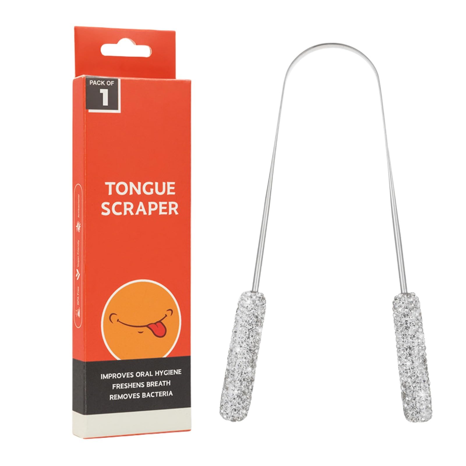 Rascador de lengua brillante de metal para adultos y niños, limpiador de lengua de acero inoxidable con diamante para cuidado e higiene bucal (blanco)