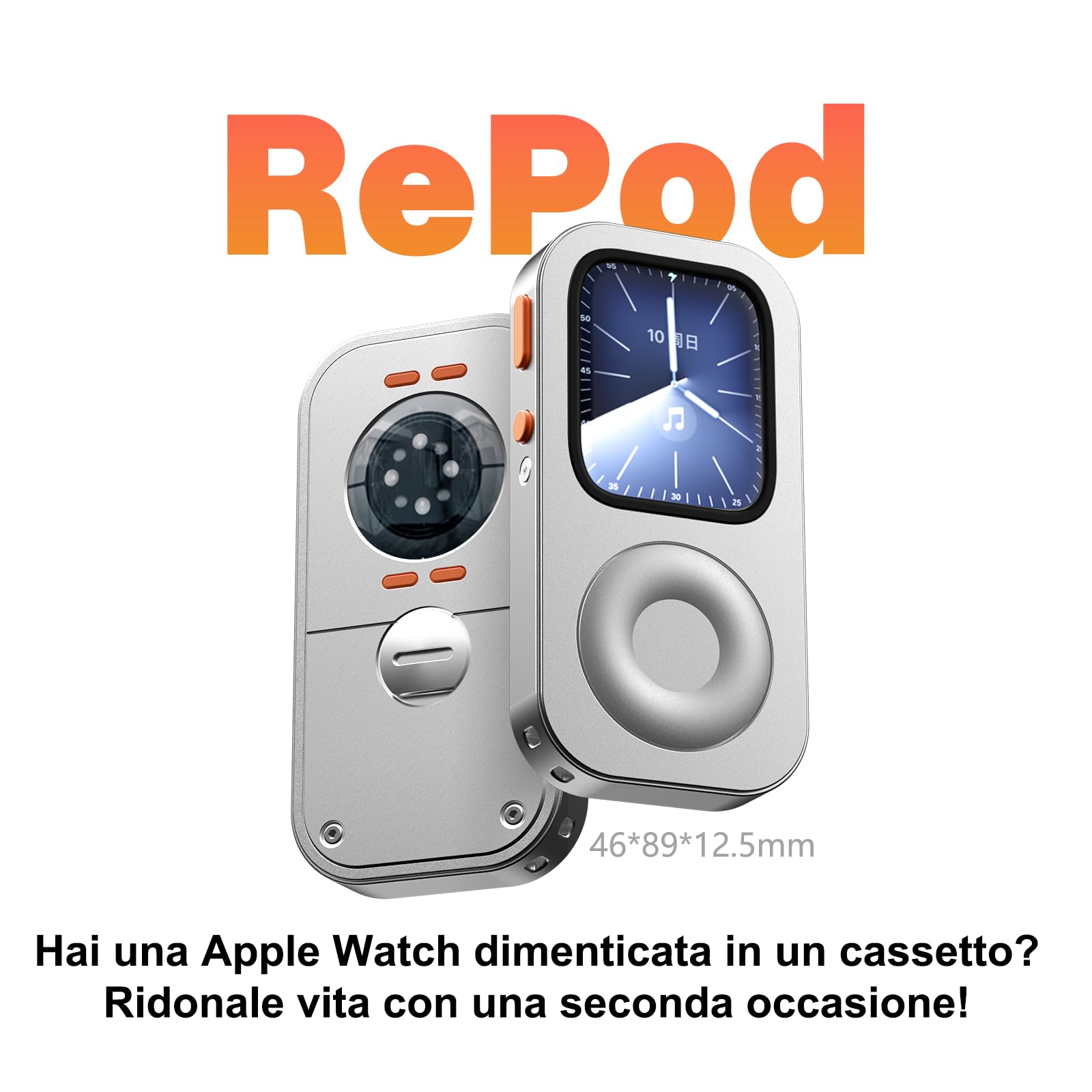 Custodia Protettiva in Lega di Alluminio Stile Retro iPod per Apple Watch Series 7/8/9 Quadrante grande, con Rotella di Scorrimento, Kit Music Player Compatibile con AirPods, per iWatch 45 mm