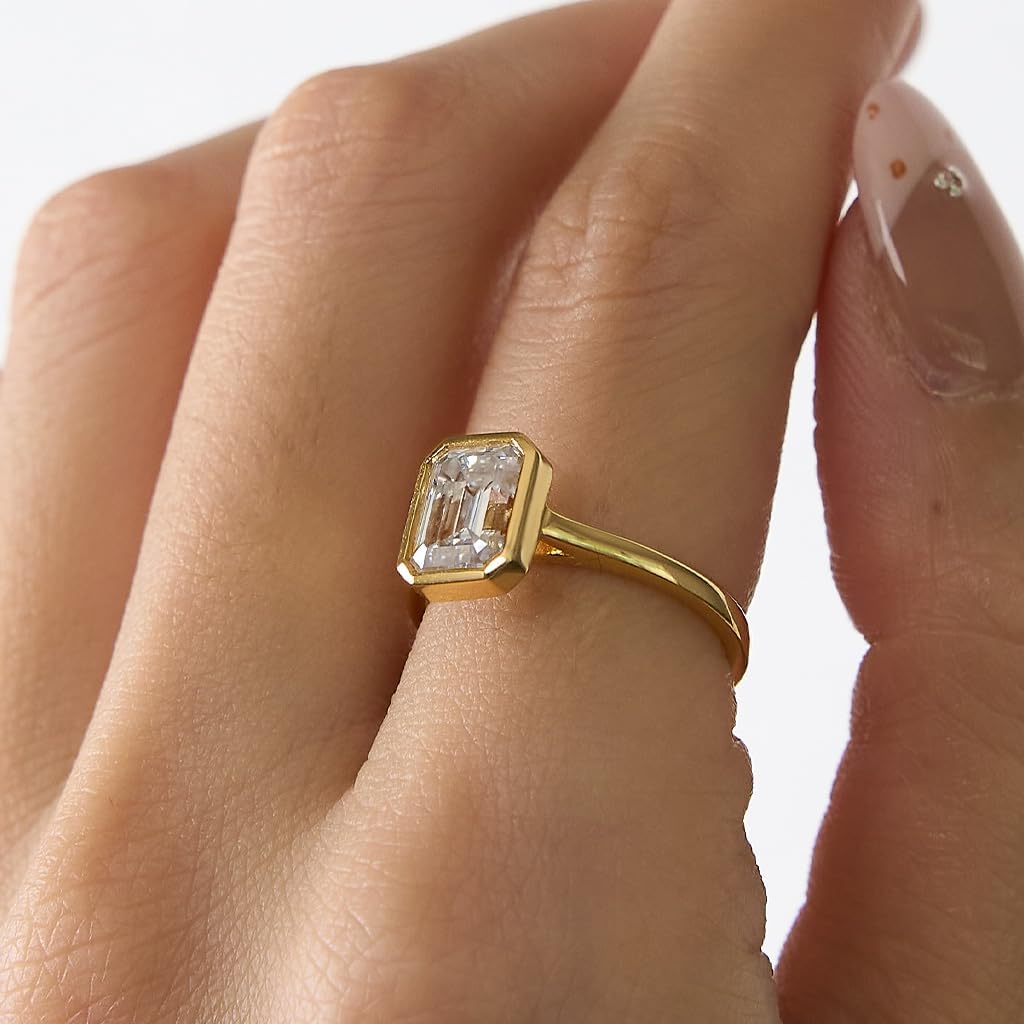 2CT Emerald Cut Moissanite engagement Ring for Women - GRA Certified D Color VVS1, 14K Gold Plated Sterling Silver bezel set moissanite Promise Ring - Image 5