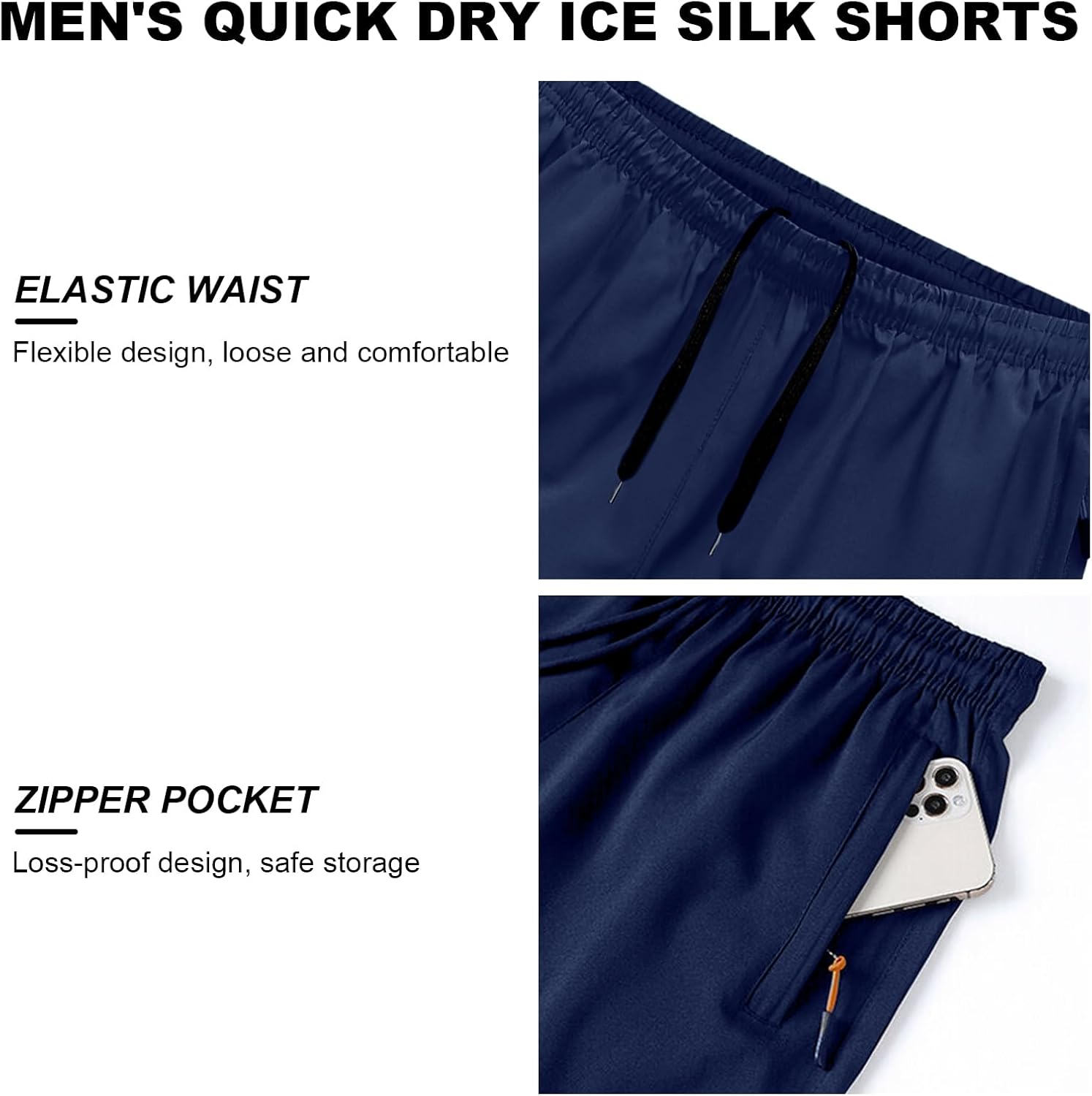 Men's Ice Silk Cooling Quick Dry Running Shorts Lightweight Breathable Gym Workout Short with Zipper Pocket Elastic - Image 4