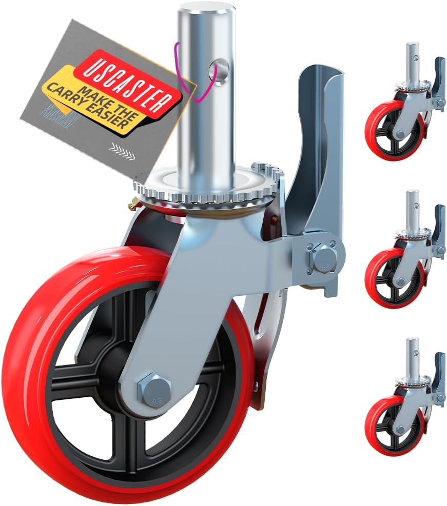 USCaster 8 Inch Scaffolding Wheels with Cast Iron Core,A Set of 4 Scaffold Caster with Dual Locking Brakes, Heavy Duty 2480LBS Rubber Caters for Scaffold Workbench Shelves