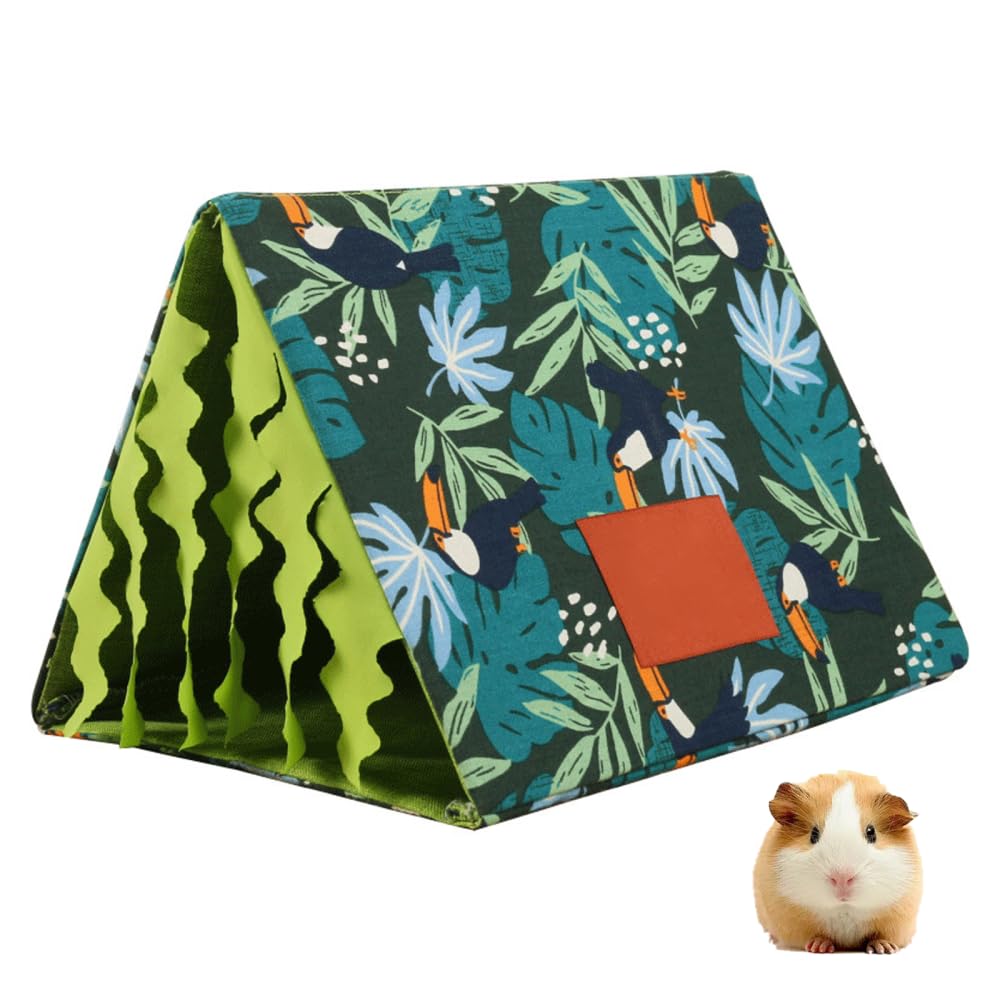Guinea Pig Hideout with Curtain,Triangle Hamsters Tent Hideout with Tunnel & Tassels for Rabbits Chinchillas Hamsters Hedgehogs Ferrets Bearded Dragons