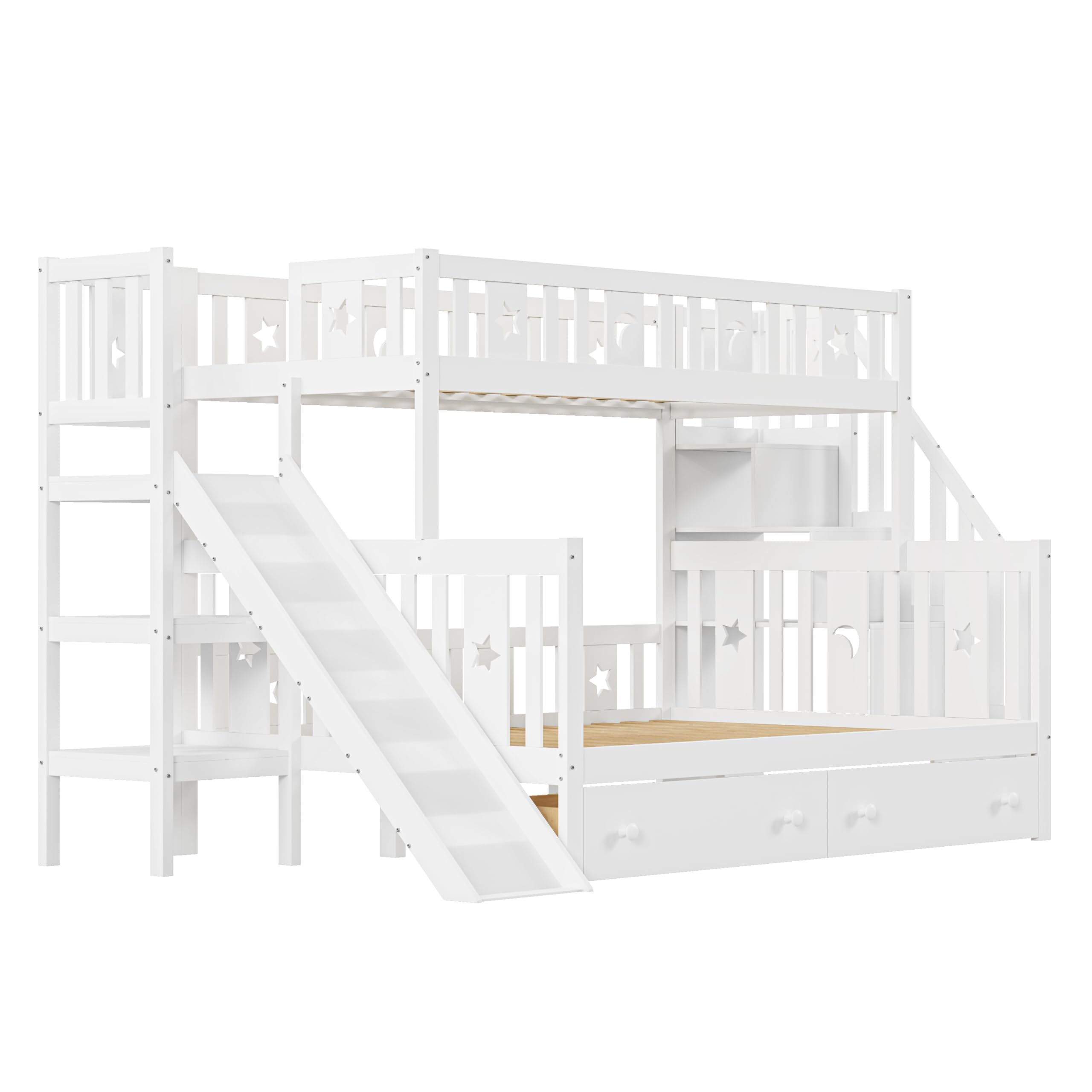 Massivholz-Etagenbett Kinderbett 90x200 & 140x200 für 2-3 Kinder, Multifunktionsbett mit Rutsche & Regalen, Hochbett mit Stauraum Treppe & 2 Schubladen, Stockbett Kinderhochbett Jugendhochbett, Weiß
