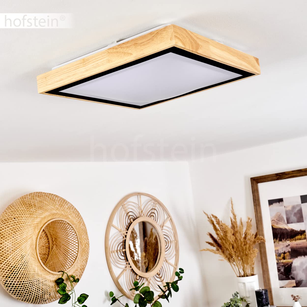 Plafonnier LED Corinto, lampe en métal noir/bois naturel/plastique blanc, luminaire scandinave idéal dans un séjour modern, 18 Watt, 1820 Lumen, 3000 Kelvin