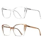 JFXQDR 2 Pack Blue Light Blocking Glasses for Women, Oversized Trendy Cat Eye Computer Gaming Glasses Anti Glare & UV Glare RF6204 (Clear + Clear Gradient Brown Cateye Frame)