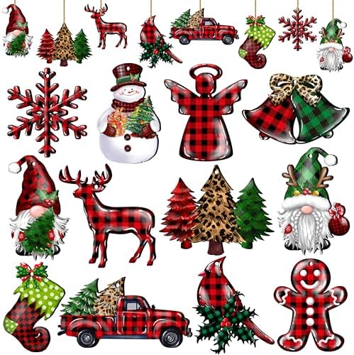 24 Pieces Christmas Wood Ornaments Snowflake Gnome Snowman Truck Wooden Hanging Ornaments Christmas Tree Cutouts Wood Crafts Holiday Decor Xmas Party Supplies (Xmas-Mixed-A)