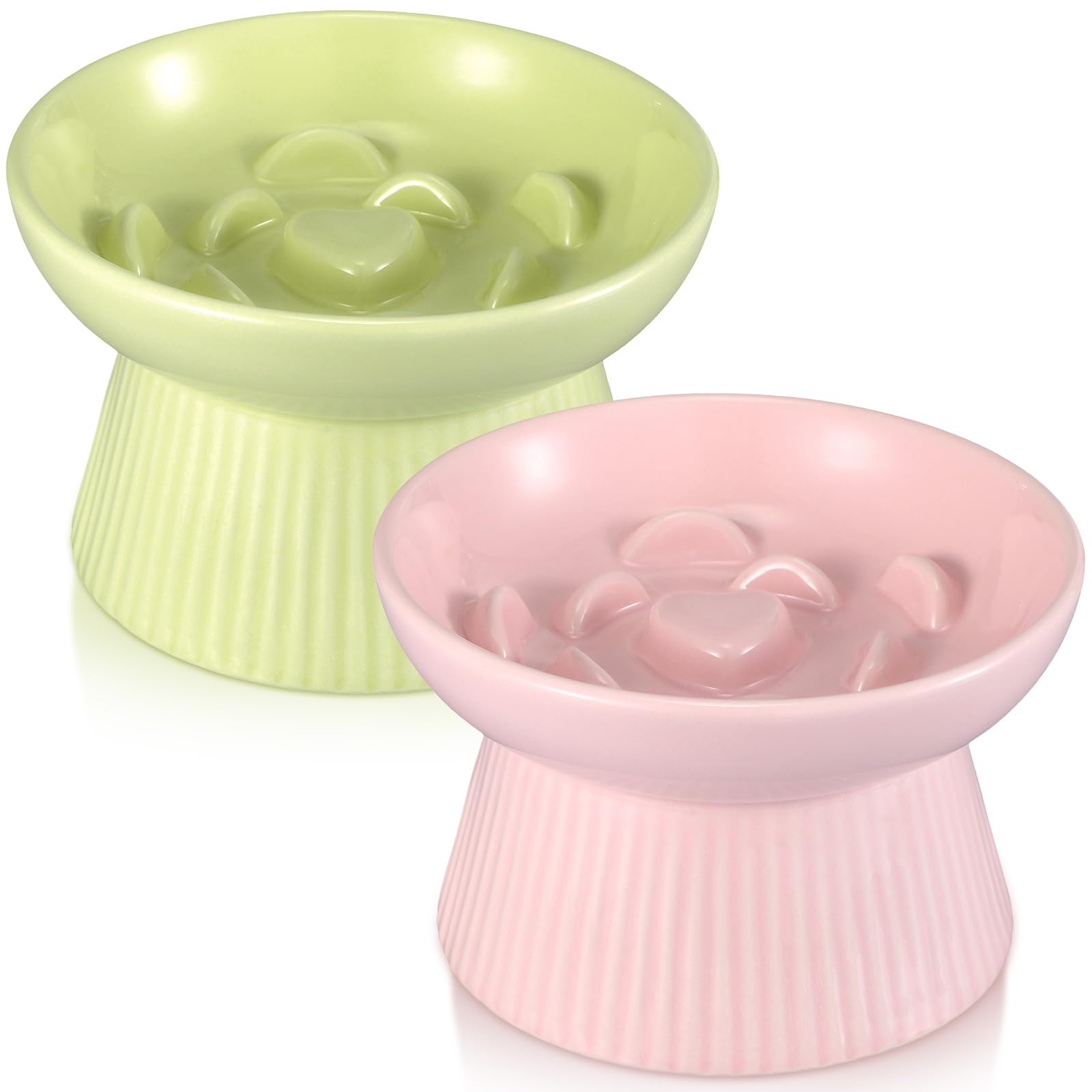 Layhit Lot de 2 gamelles surélevées en céramique pour chat - Anti-vomissements - Pour nourriture sèche et humide - Mangeoire Vert et rose
