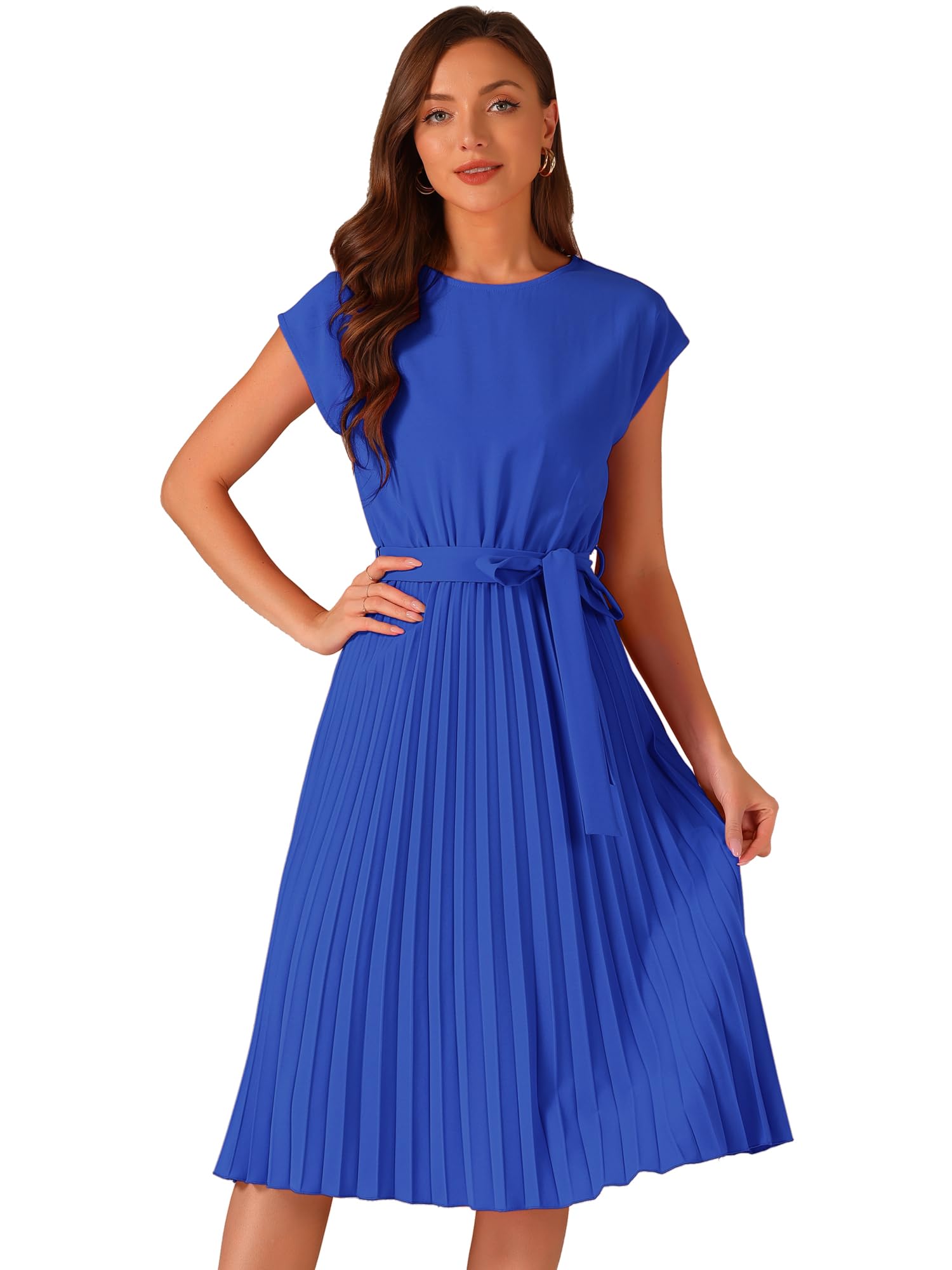 Allegra K Damen-Plisseekleid Mit Rundhalsausschnitt, Ärmellos, A-Linien-Kleid Mit Bindegürtel
