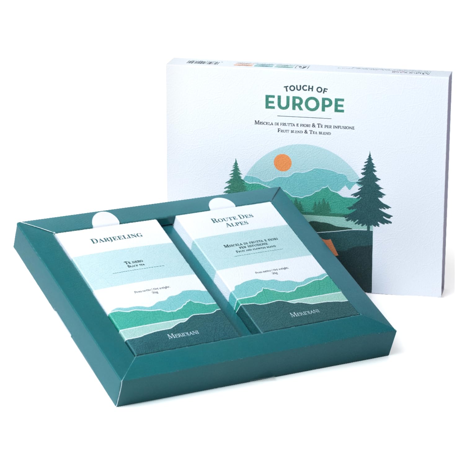 Meridiani® | Set Tè & Tisane Regalo dall'Europa | Tè Nero Darjeeling Indiano Puro + Tisana ai Frutti di Bosco | Scatola Regalo Infusi & Tè - (60 Gr) | Set Regalo Tè